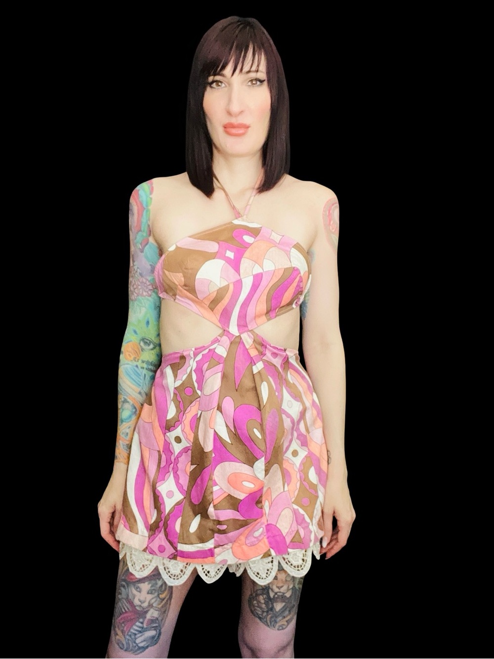 Vintage 1960's Psychedelic Cotton Candy Geometric Cut Out Mini Dress - Picture 1 of 7